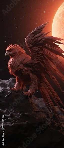 Obraz A majestic griffin stands tall on a rugged cliff, silhouetted against a cosmic sky with a glowing full moon and twinkling stars.