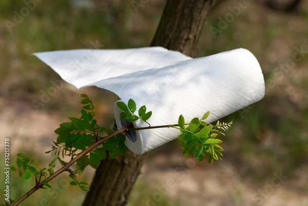 Fototapeta Paper towel roll waving in the wind in forest at sun day