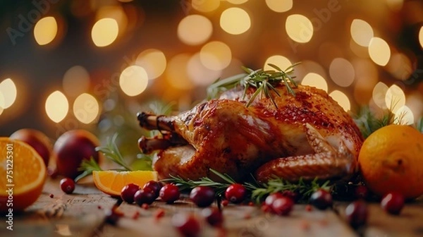Fototapeta Holiday Roasted Chicken with Orange and Berry Garnish Generative AI