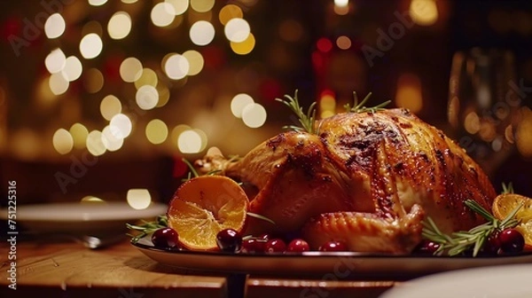 Fototapeta Holiday Roasted Chicken with Orange and Cherry Garnish Generative AI