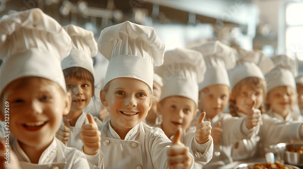 Fototapeta Group of children doing their dream job as Chief Cooks in the kitchen. Concept of Creativity, Happiness, Dream come true and Teamwork.