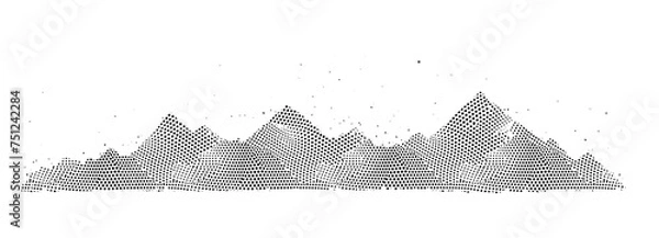 Fototapeta Abstract mountain with dot halftone gradient texture vector landscape background. Black graphic hill shape illustration. Rocky peak silhouette. Retro outdoor ridge half tone panorama. Rock terrain