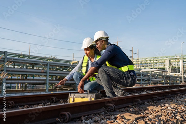 Fototapeta Engineer wearing safety uniform sitting on railway inspection. construction worker on railways. Engineer work on Railway. Rail, engineer, Infrastructure.