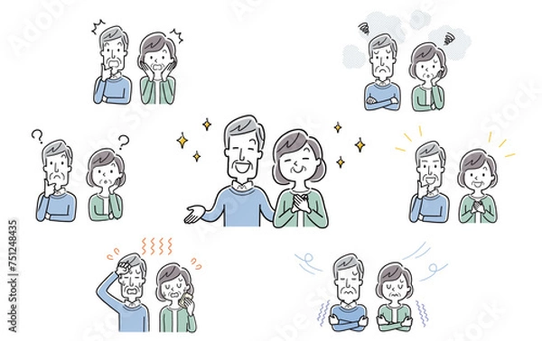 Fototapeta ベクターイラスト素材：いろんなシチュエーションのシニア夫婦
