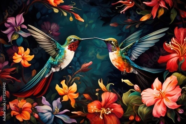 Fototapeta Hummingbirds hovering over brightly colored flowers, Small bird perching on branch vibrant, Ai generated