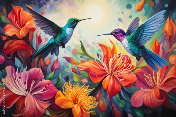Fototapeta Hummingbirds hovering over brightly colored flowers, Hummingbirds in pairs and a pink flower Ai Generated