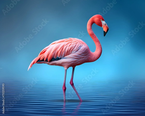 Fototapeta Pink flamingo on a blue background. 3d render illustration.
