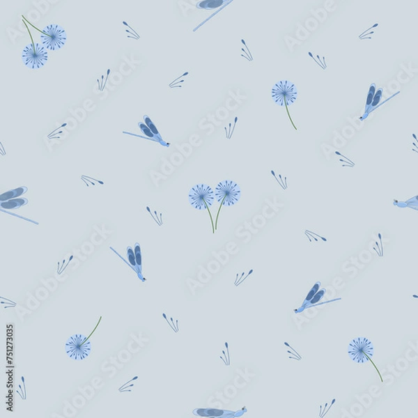 Fototapeta seamless pattern with flowers and dragonfly on the light blue background