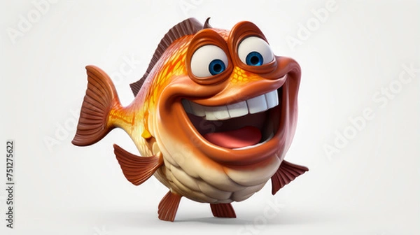 Fototapeta Red fish with a cheerful face 3D on a white background.