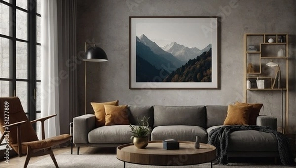 Fototapeta The frame mockup,  perfectly complements the living room wall poster mockup, creating an interior mockup with a house background that showcases modern interior design in a stunning 3D render.