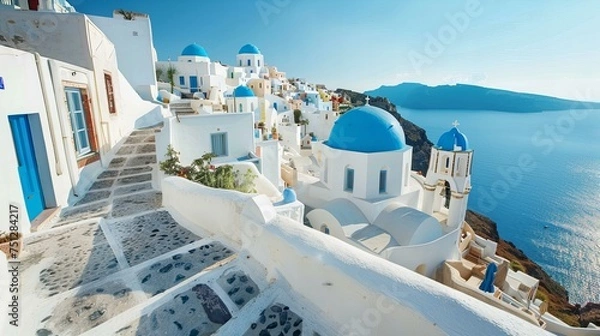 Fototapeta Relaxing in Santorini, with white-washed buildings and blue domes against the backdrop of the Aegean Sea