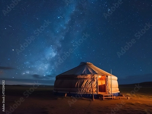 Fototapeta Staying in a yurt on the Mongolian plateau, with an incredible starry sky above