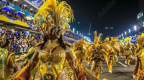 Fototapeta The lively Carnival in Rio de Janeiro, with extravagant costumes and samba dancers filling the streets with energy 