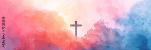 Fototapeta Abstract watercolor background in warm tones with a Christian cross silhouette on the right, space for text, suitable for Easter or spiritual themes