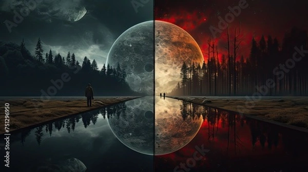 Fototapeta landscape with moon and clouds
