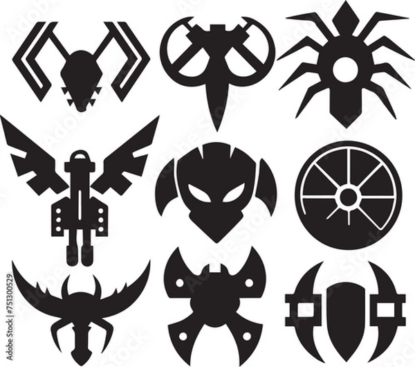 Obraz Set Greyscale cyberpunk video game symbol. Hand drawn vector illustration