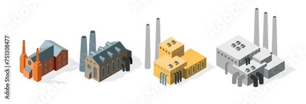Fototapeta Isometric Industrial plant old factory collection of set of isometric manufactures and factories buildings vector illustration 