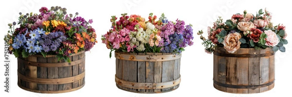 Fototapeta Round wooden flower boxes isolated on white or transparent background generative 