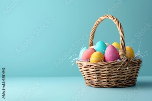 Fototapeta Greet spring's delight with this image: a side view at a woven basket cradling painted eggs, set against a tranquil blue backdrop, offering ample space for your message. Generated AI