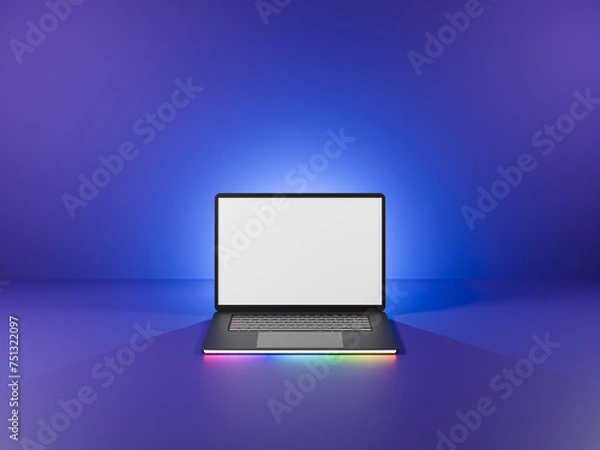 Fototapeta 3D Laptop computer with glow rainbow led light open with blank screen on blue glow light background. 3D render illustration