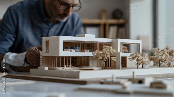 Obraz Architect assembles model-style house model at work table in white office.