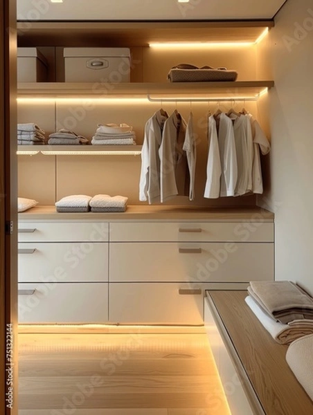 Fototapeta a clean and tidy look for your closet with lamps, dressing room