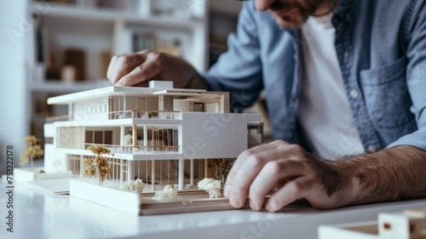 Obraz Architect assembles model-style house model at work table in white office.