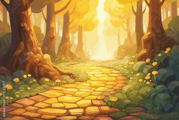 Obraz Yellow Brick road in magic forest vector art painting illustration. Generative AI