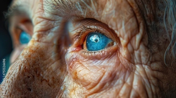 Fototapeta Close-up of a forgetful elderly person's eyes, gazing out with a mix of confusion and sadness, reflecting the emotional impact of dementia