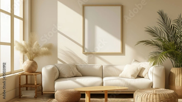 Fototapeta Sunlight floods a chic living room, highlighting the elegant simplicity of a neutral palette and the vibrant touch of indoor plants, Interior design photo frame mock-up of living room