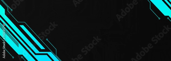Obraz Abstract geometrical cyber tech metaverse digital web 3 horizontal dark banner design template blank with place for text . Geometrical cyan blue neon sci fi cyberpunk shapes interface hud hui