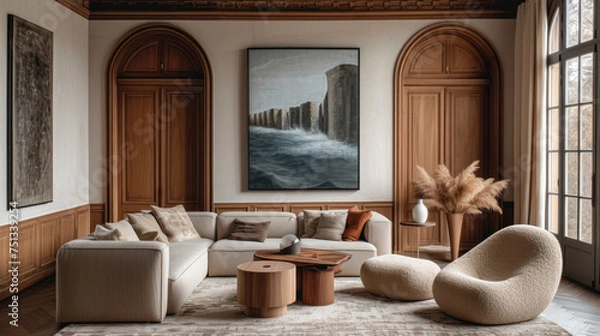 Fototapeta An opulent living room blends modern furnishings with classic architecture for a timeless elegance