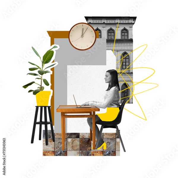 Fototapeta Modern aesthetic artwork. Young woman, assistant sitting at desk working using laptop in office with clocks and plants. Concept of business, communication, collaboration, marketing, sales, operations.