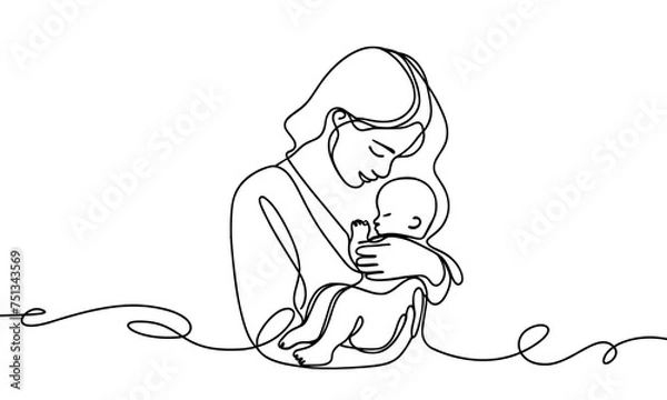 Obraz Vector image of a mother with a child in her arms, in a linear style.