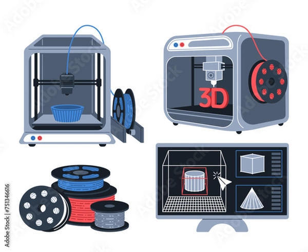 Fototapeta 3d printers,plastic wire and computer modeling. 3D printing concept. Devices producing object from polymer. Isolated vector flat illustration.