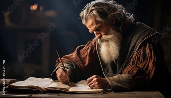 Fototapeta An actor portraying Saint Luke, with a long white beard, is focused on writing in a book. The man is seated, wearing traditional clothing, and appears to be engrossed in his task