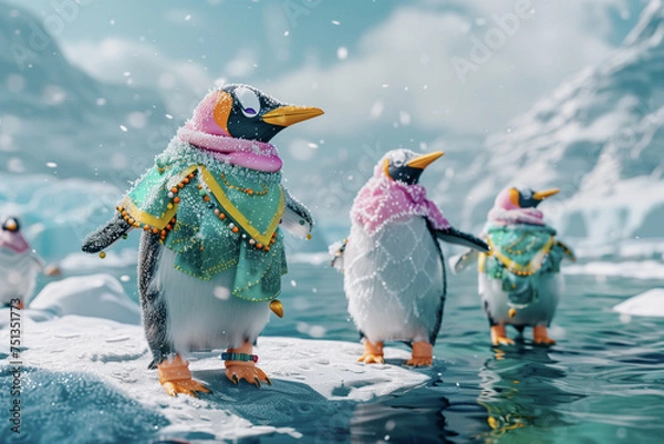 Fototapeta Three penguins with fashion clothes, generative ai
