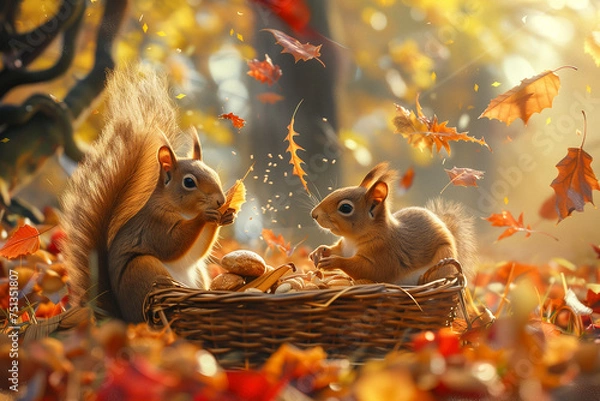 Fototapeta Two squirrels are eating food in a basket of leaves, generative ai