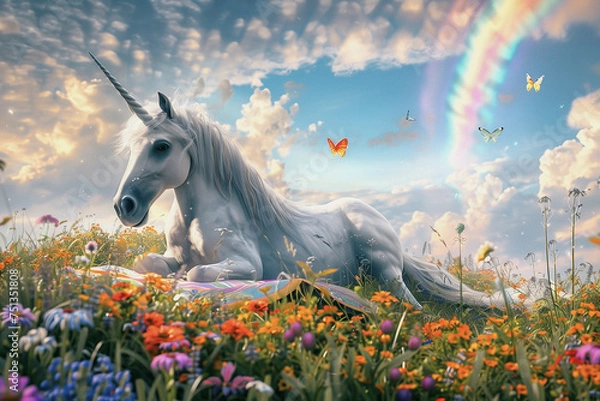 Fototapeta A unicorn in a field of flowers, generative ai