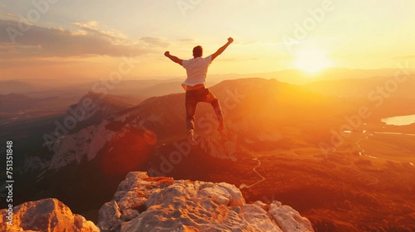 Fototapeta Happy success man with open arms jumping on mountain top, generative ai