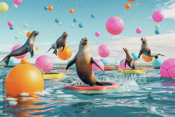 Fototapeta A group of seals are playing in the water with colorful balls, generative ai