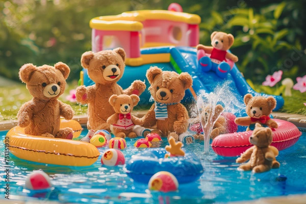 Fototapeta A family of happy bears has a pool party, generative ai