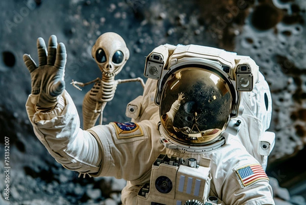 Fototapeta An astronaut takes a selfie with his alien friend, generative ai
