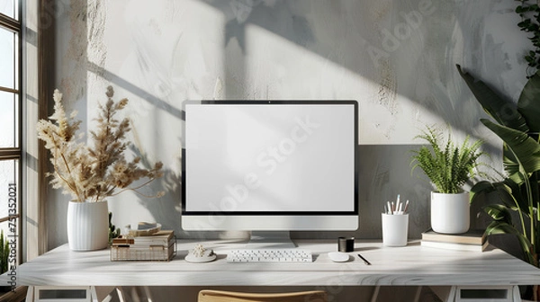 Fototapeta In a minimalist interior of a office room, a desktop computer takes center stage. 