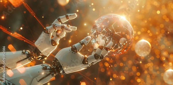 Fototapeta A robot is holding a glowing orb in its hand, generative ai