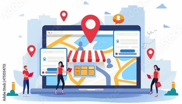 Obraz Local SEO Optimization for Businesses, local SEO optimization for businesses with an image showing marketers optimizing Google My Business listings, AI