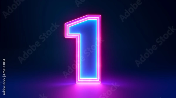 Fototapeta 3D Neon Glow Number One on a Dark Futuristic Background