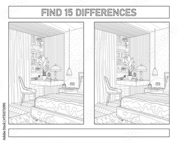 Obraz Find 15 differences. The interior of the living room. Coloring book for adults. Black and white vector illustration.