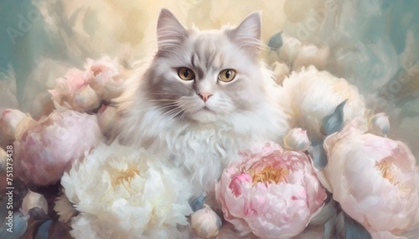 Fototapeta 花に囲まれた可愛いにゃんこ