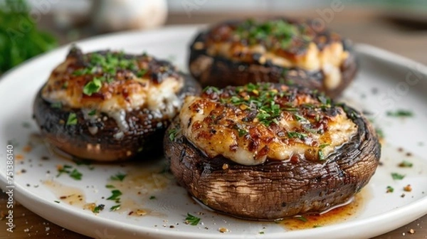 Fototapeta grilled portabello mushroom cap steaks stuffed with mozzarella on a white plate against the backdrop of a blurred modern white kitchen